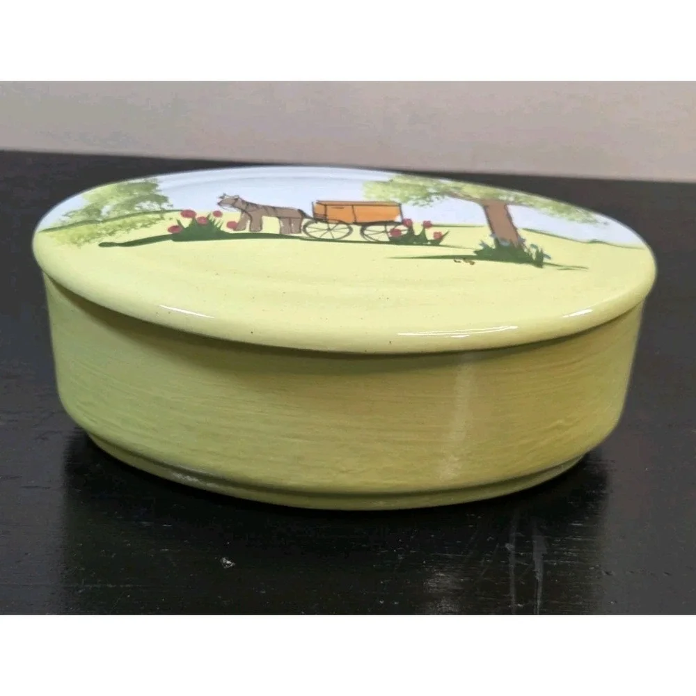 Vintage Handpainted Signed Linda Davis 1983 Oval Trinket Dish Country Style